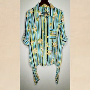 New Glory Blue Yellow Tunic Striped Blouse Floral Sash 3x Lightweight Length 29"
